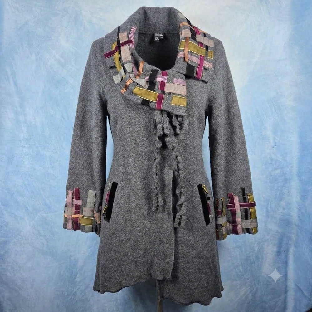CoVelo Clothing 100% Wool Gray Boiled Wool Ribbon Trim Ruffle Coat XL